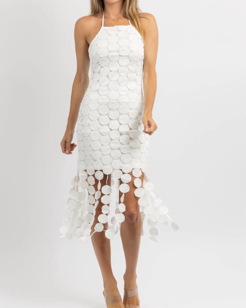 Front of a model wearing a size L Amiah Tiered Midi Dress In White in White by Main Strip. | dia_product_style_image_id:351672